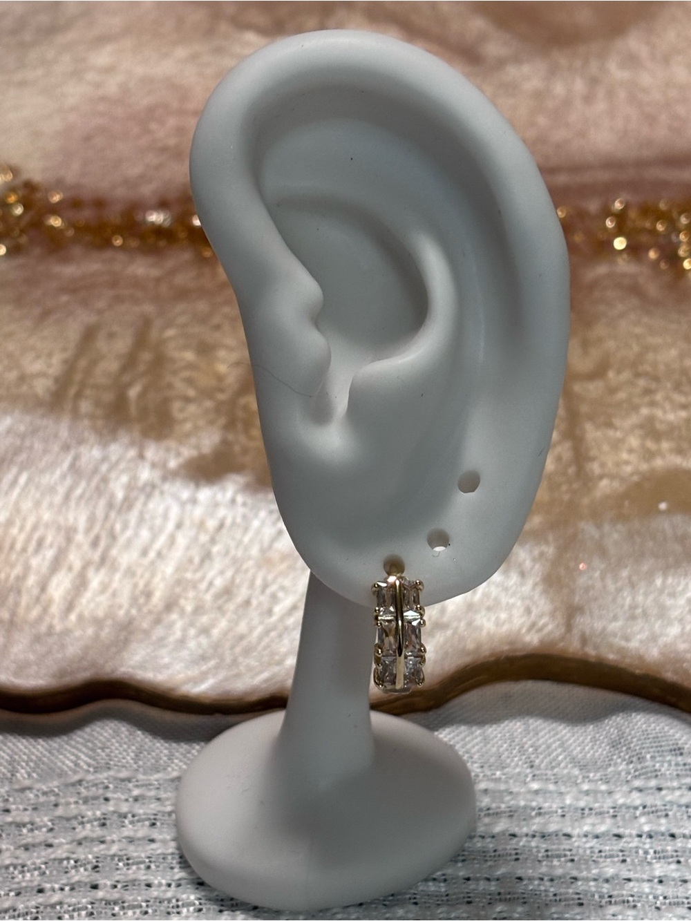 Gold Hoop Huggie Earrings with Clear Crystal